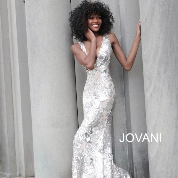 Plunging Neck Embellishment Dress Silver Nude - Jovani